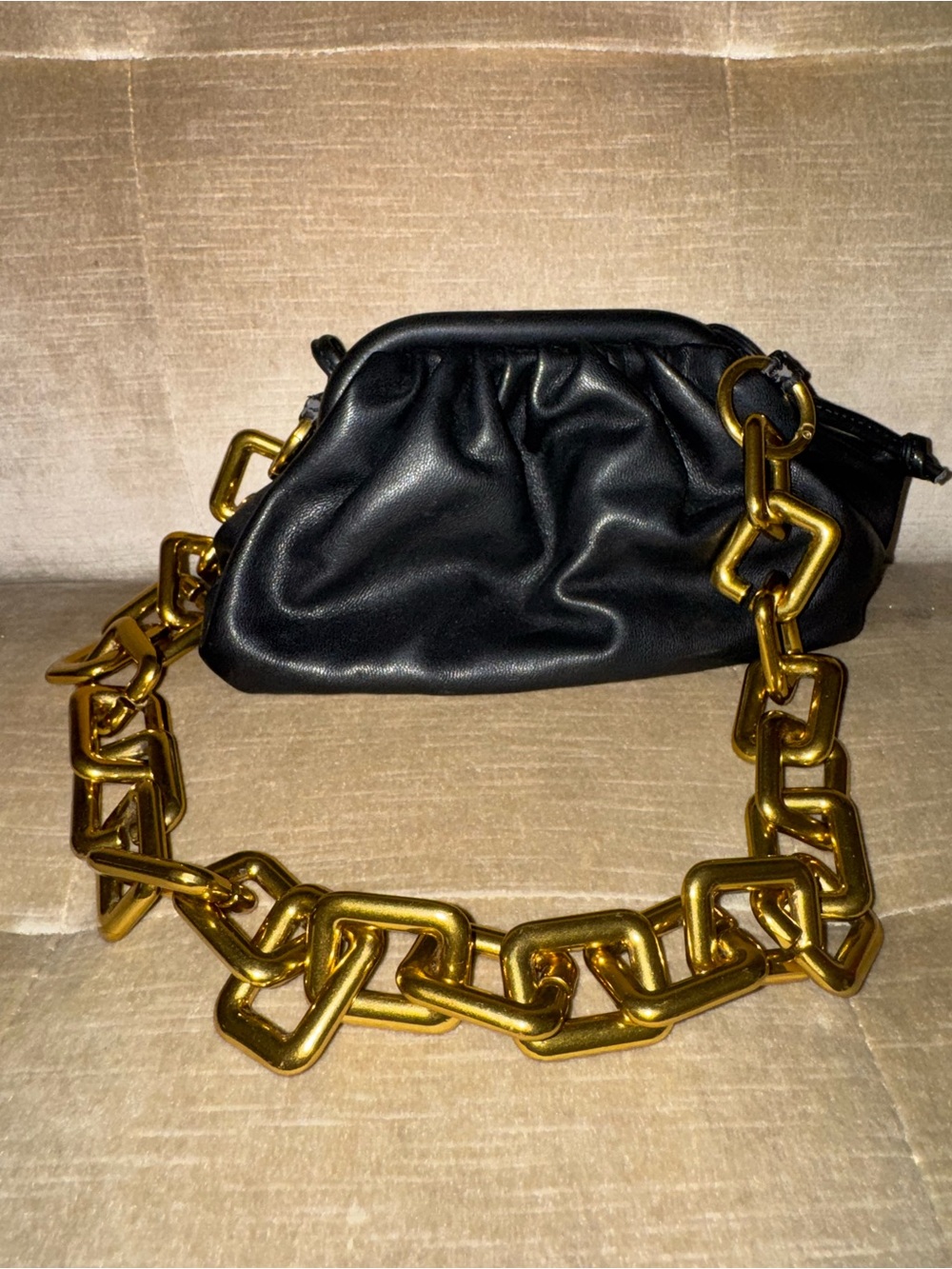 Black Leather Shoulder Bag with Chunky Gold Chain